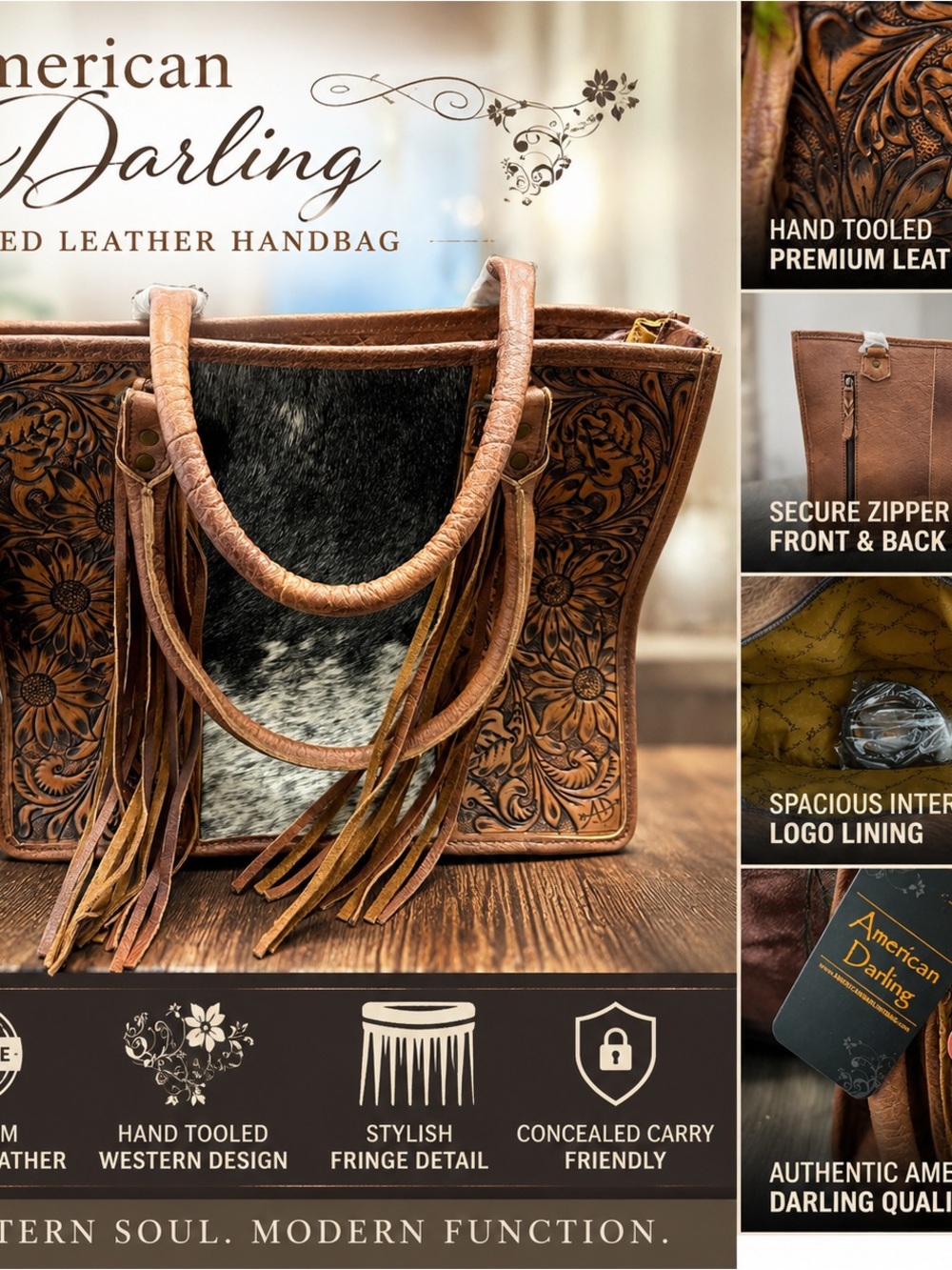 American Darling Brown Leather Tote with Black Cowhide Panel and Fringe